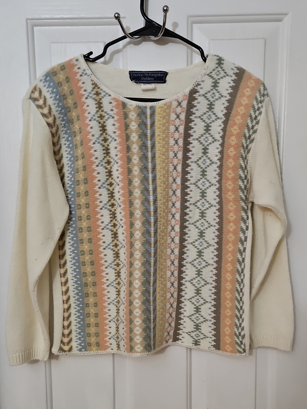 Vintage Norton McNaughton Petites Cream Patterned Sweater Made USA Sz S Petite